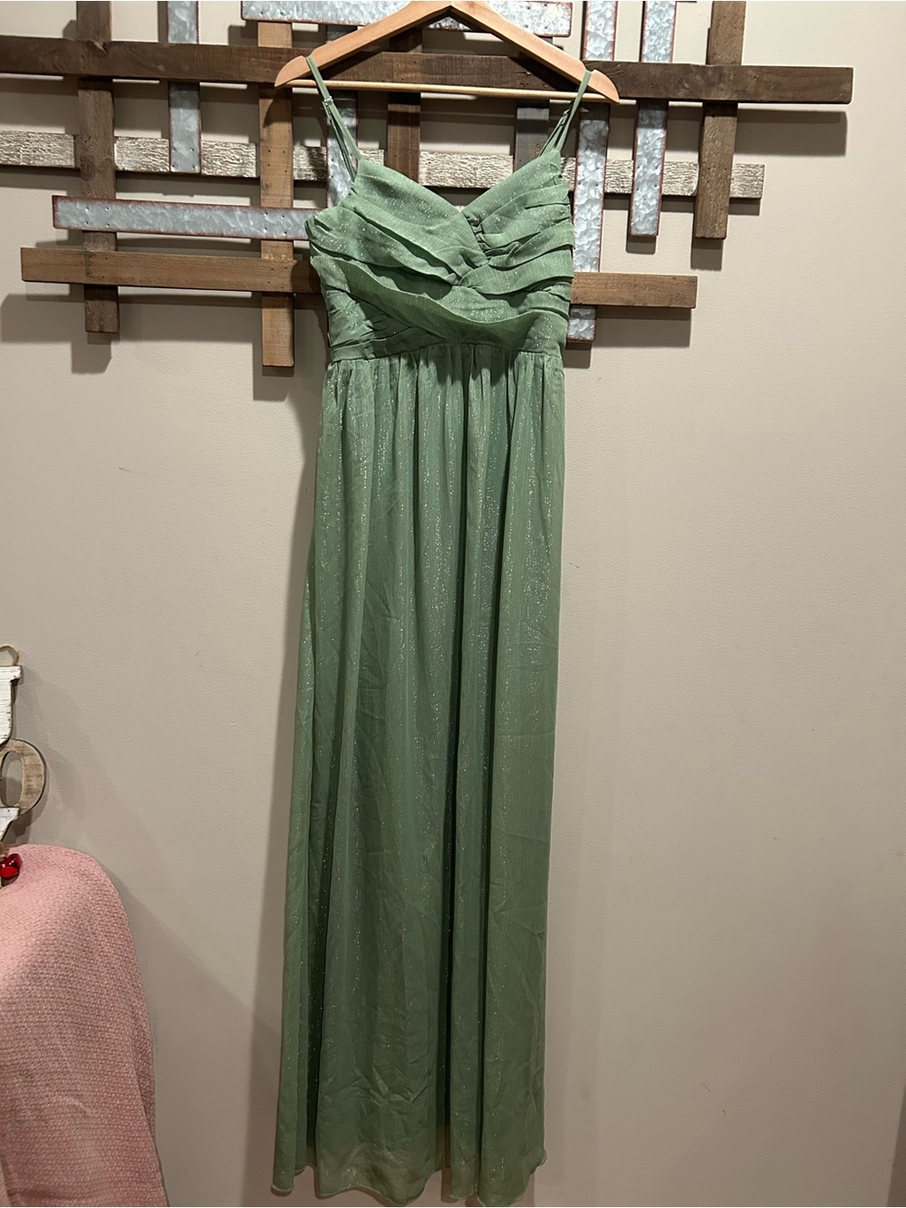 Faeriesty Sage Green Spaghetti Strap formal Dress with shimmer